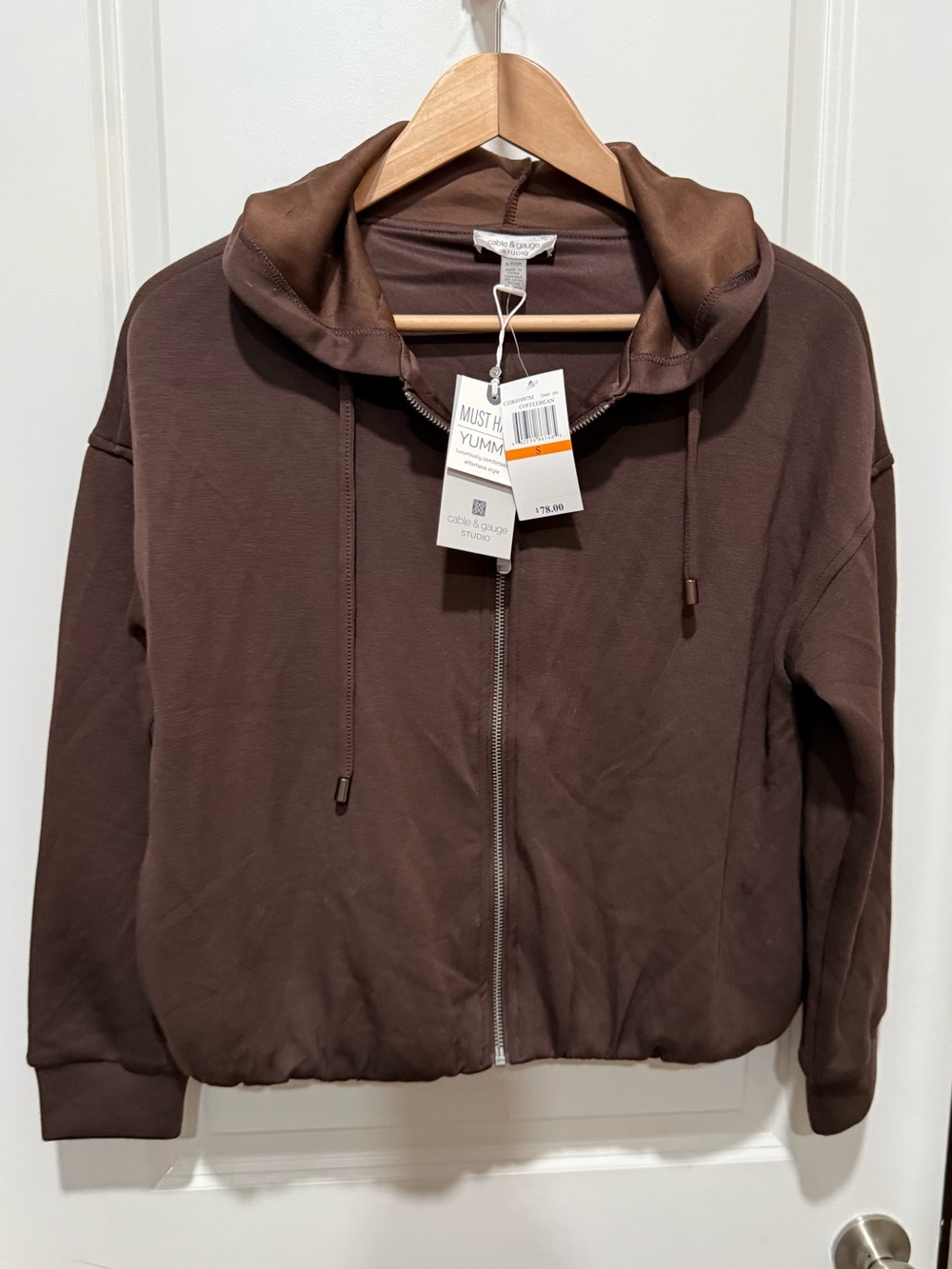 Cable & Gauge Luxury Modal Spandex Brown Zip-Up Bomber Hoodie Jacket Small